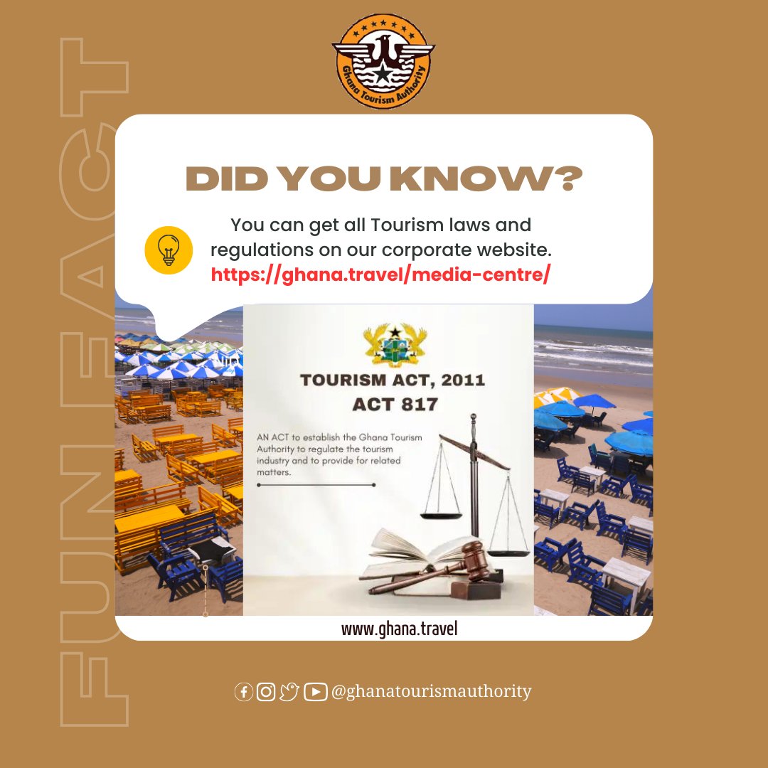 ghanatourismGTA's tweet image. #TuesdayFact
Did you know you can get all Tourism Laws and Regulations on our corporate website?
Visit our media center page for more.
ghana.travel/media-centre/
.
#GhanaTourismAuthority #ExperienceGhana #ShareGhana