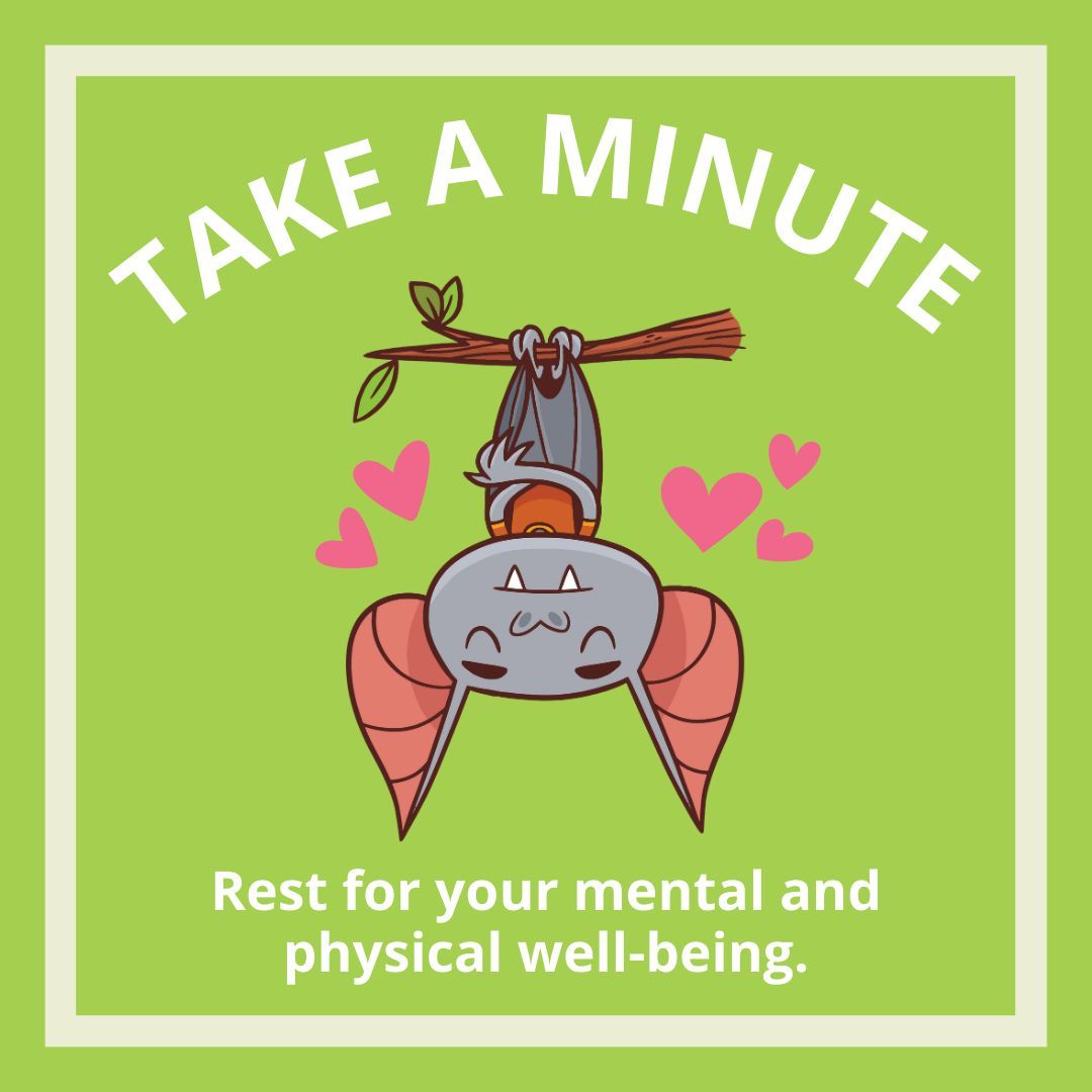 UTBruceTheBat's tweet photo. Feeling overwhelmed? Try taking a break for some self-care and nourishment! https://t.co/3acZqecHbX