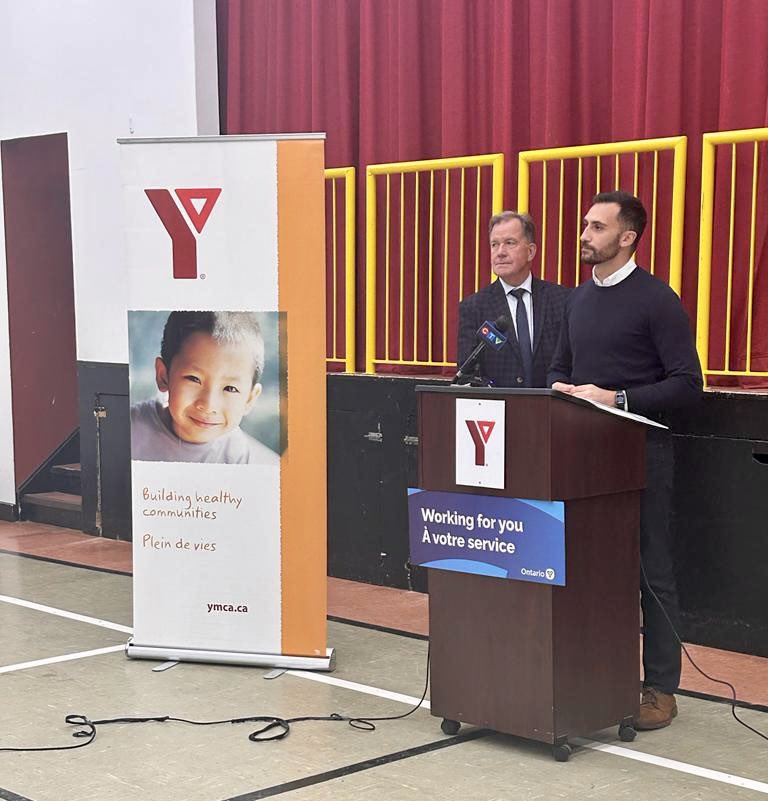 GeorgePirieMPP's tweet photo. During @Sflecce’s tour of #Timmins today, we stopped at the YMCA. Minister @Sflecce and I announced that our government is investing $7.9 million to deliver 189 child care spaces in #Cochane. This will help parents in Timmins access more affordable and modern child care services. https://t.co/ALlgDO99D3