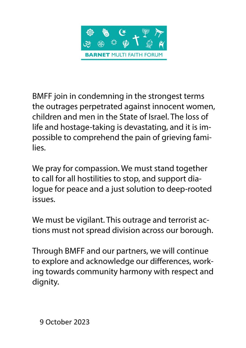 BMFF join with @BarnetCouncil in condemning the devastating attacks by Hamas in Israel. Read the full statement here ow.ly/PE1q50PUKzq #interfaith ⁦@JewishChron⁩ #barnet