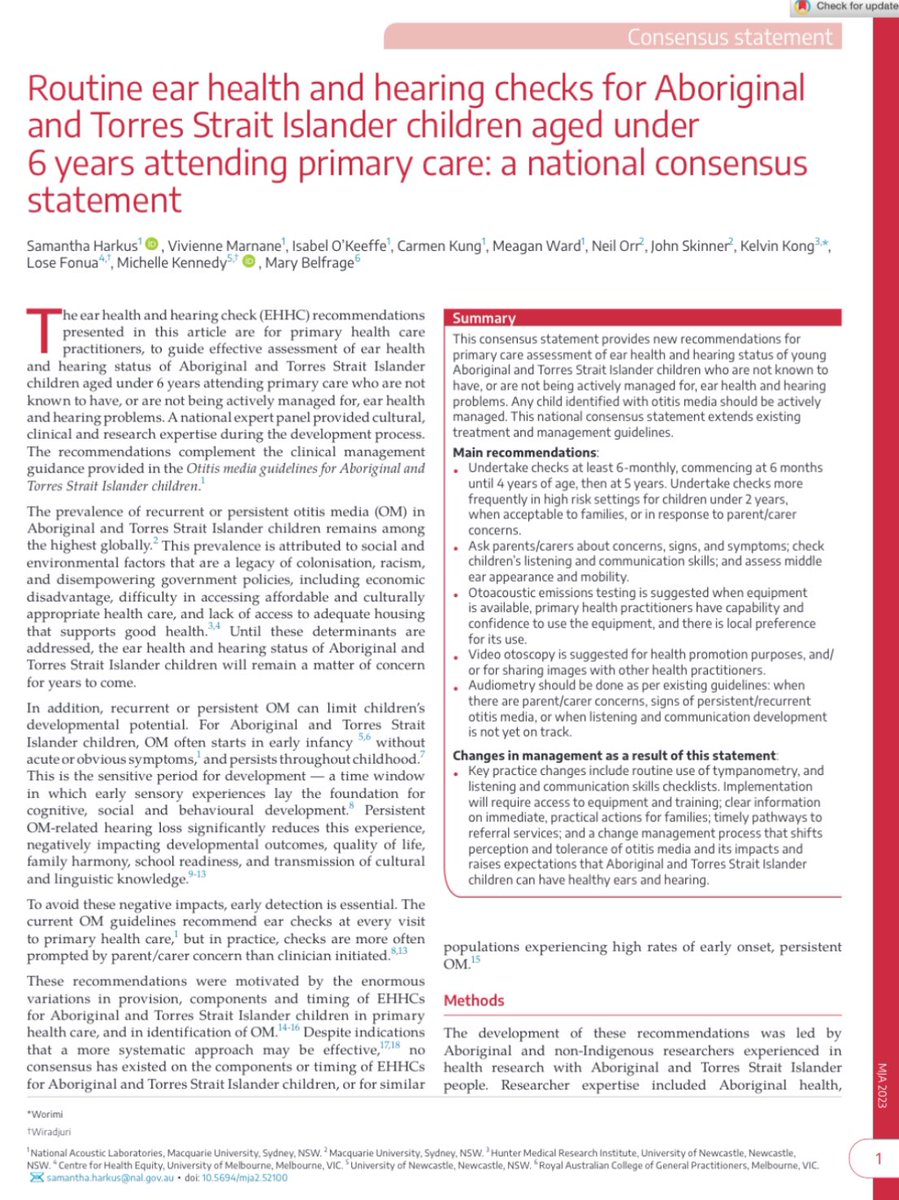 Currently the best available guidance on when & how to check ear health in 0-5 year old Aboriginal & Torres Strait Islander children in primary health. Can’t stop here: new evidence can take 10-20 years to become routine practice. onlinelibrary.wiley.com/doi/pdf/10.569… #earhealthforlife