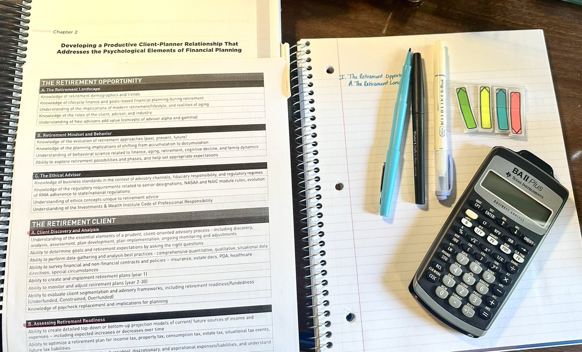 OneMileSteph's tweet photo. Practice what you preach! Jumping into the RMA self-study coursework this week! 🤓 
✅ Notebook ✅ Pens ✅ Highlighters
✅ Page flags ✅ Calculator #RetirementPlanning #lifelonglearning https://t.co/QUFOkOMx2S