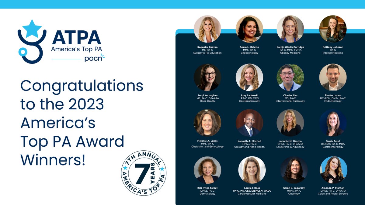 In honor of #NationalPAWeek, POCN would like to celebrate the 2023 America’s Top PA Award winners. Join us in congratulating the winners who go above and beyond in advancing the PA profession, patient care, and PA-peer support. Learn more here: pocn.com/pocn-americas-…