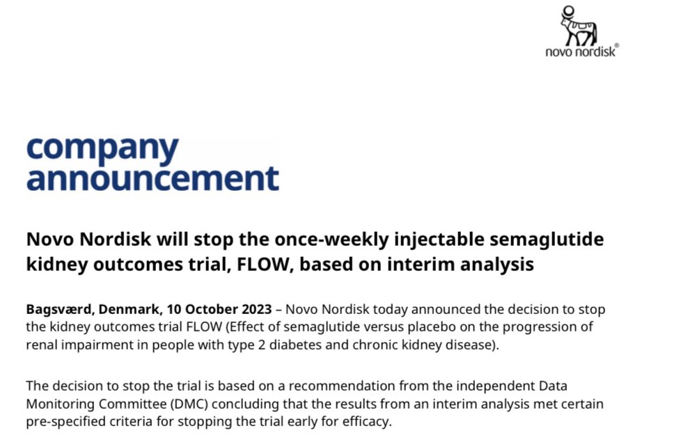 2023, the year the #GLP1RA semaglutide can’t lose! #FLOW, the kidney outcomes trial of once-weekly injectable semaglutide, has stopped early for overwhelming efficacy based on interim analysis Massive news, results in Q1 2024 novonordisk.com/content/nncorp…