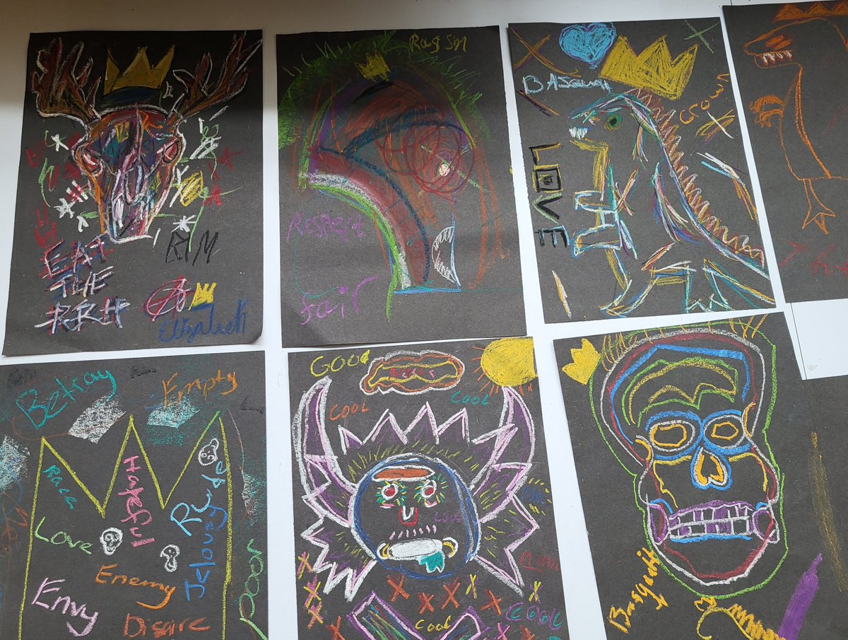 mrs_maddocks's tweet photo. Finished Skulls for S2 Basquiat unit. I love how expressive the pupils have been during this unit. Definitely need to do more work like this. It also encouraged lots of important conversations 🤩 #arteducation #loudounacademy #basquiat #BlackHistoryMonth2023 https://t.co/E0d31Smbp7