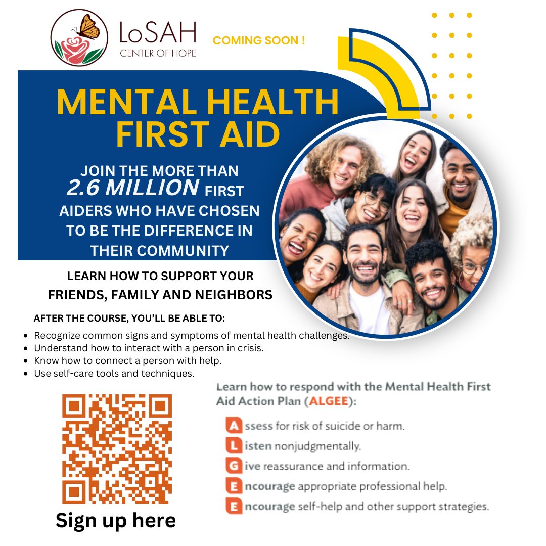 LoSAH Center of Hope/Centro de Esperanza (@losahcenter) on Twitter photo #WorldMentalHealthDay 🌹
Sign up for our next free Mental Health First Aid training @ info@losahcenter.org or use the QR code below! We'd love to see you! #WorldMentalHealthDay 🌹
Sign up for our next free Mental Health First Aid training @ info@losahcenter.org or use the QR code below! We'd love to see you!