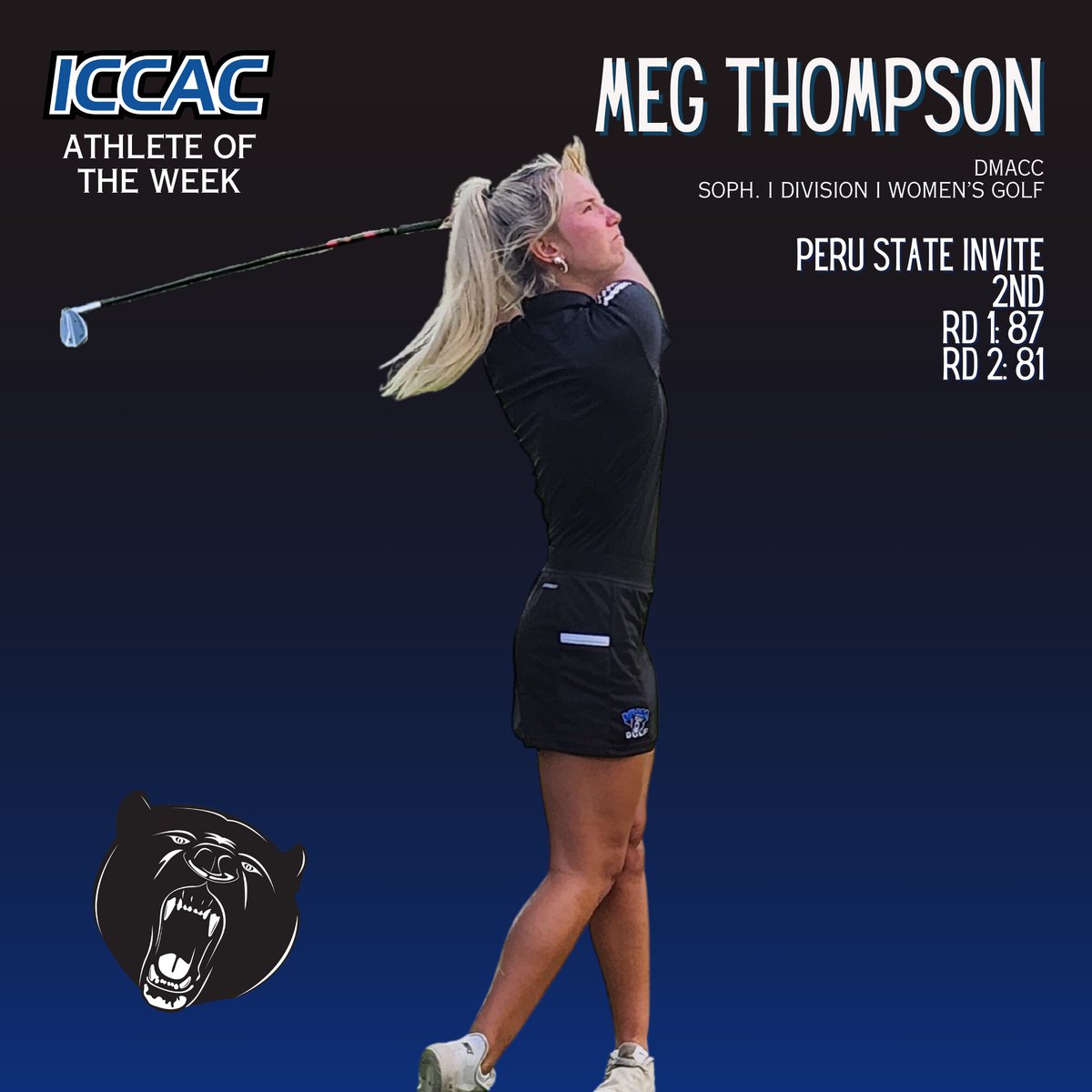 ICCAC ATHLETE OF THE WEEK
🗓️OCT. 2-8
WOMEN'S GOLF🏌️‍♀️

<a href="/BearsGolfW/">DMACC Women’s Golf</a> Meg Thompson
<a href="/IowaCentralGolf/">Iowa Central Golf</a> Jenna Kramer

🔗 bit.ly/46ndziR
#NJCAAGolf🏌️‍♀️