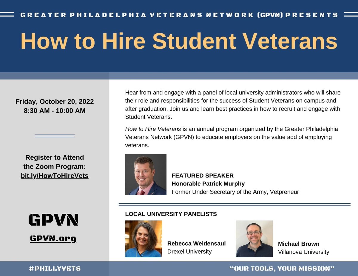 Greater Philadelphia Veterans Network (GPVN) (@phillyveterans) on Twitter photo Join GPVN and our guest speakers to learn more about how to best recruit and engage with Student Veterans.
Hear from the Honorable <a href="/PatrickMurphyPA/">Patrick J Murphy</a> and from panelists from <a href="/DrexelUniv/">Drexel University</a> <a href="/VillanovaU/">Villanova University</a> Veterans Affairs
Virtual | Fri 10/20 | 8:30am-10:00EST
lnkd.in/e8Dc5v4F Join GPVN and our guest speakers to learn more about how to best recruit and engage with Student Veterans.
Hear from the Honorable <a href="/PatrickMurphyPA/">Patrick J Murphy</a> and from panelists from <a href="/DrexelUniv/">Drexel University</a> <a href="/VillanovaU/">Villanova University</a> Veterans Affairs
Virtual | Fri 10/20 | 8:30am-10:00EST
lnkd.in/e8Dc5v4F