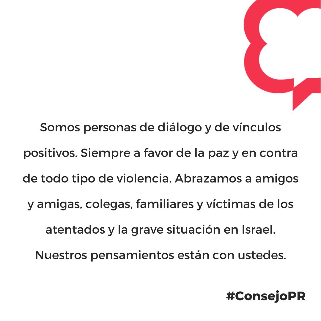 Somos personas de diálogo y de vínculos positivos. Siempre a favor de la paz y en contra de todo tipo de violencia. Abrazamos a amigos y amigas, colegas, familiares y víctimas de los atentados y la grave situación en Israel. Nuestros pensamientos están con ustedes.