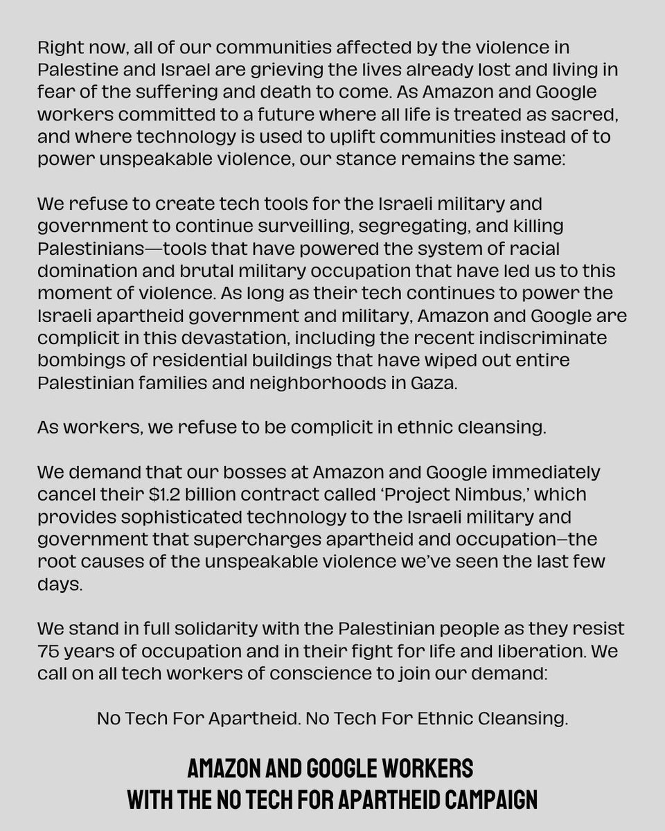 Statement from @amazon and @Google workers with the #NoTechForApartheid campaign: