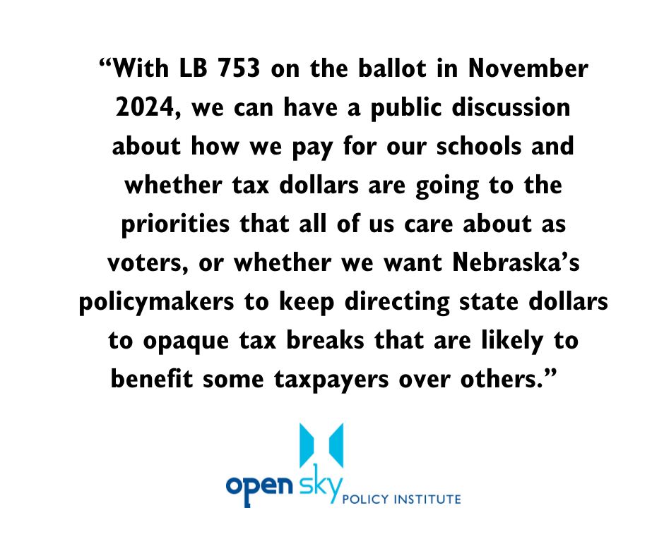 It's official. LB 753, which re-directs state tax dollars to private schools, will be on the ballot next November. 

Over the next 13 months, OpenSky will help lead a discussion of the tax implications of school privatization measures.

Learn more: openskypolicy.org/lb-753-action