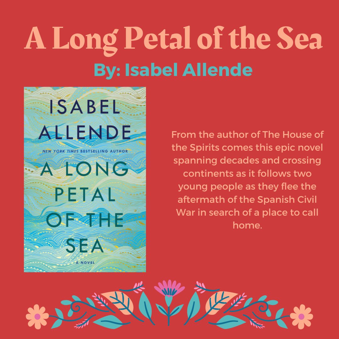 Happy #pageturningtuesday English majors! This week, for Hispanic Heritage Month, were focusing on 'A Long Petal of the Sea' by Isabel Allende. We hope you enjoy this gorgeous book!