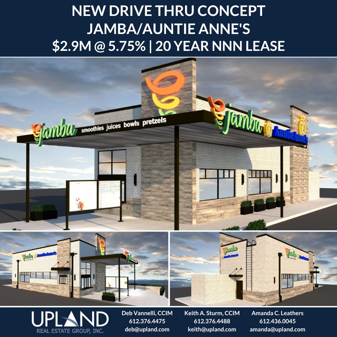 New Listing - Jamba Drive Thru w/ Auntie Anne's in Burnsville, Minnesota! This Jamba Drive Thru w/ Auntie Anne's property is new construction and is on a long term 20-year, NNN lease.

#investmentproperty #netleasesales #netleaseproperty #investmentsales