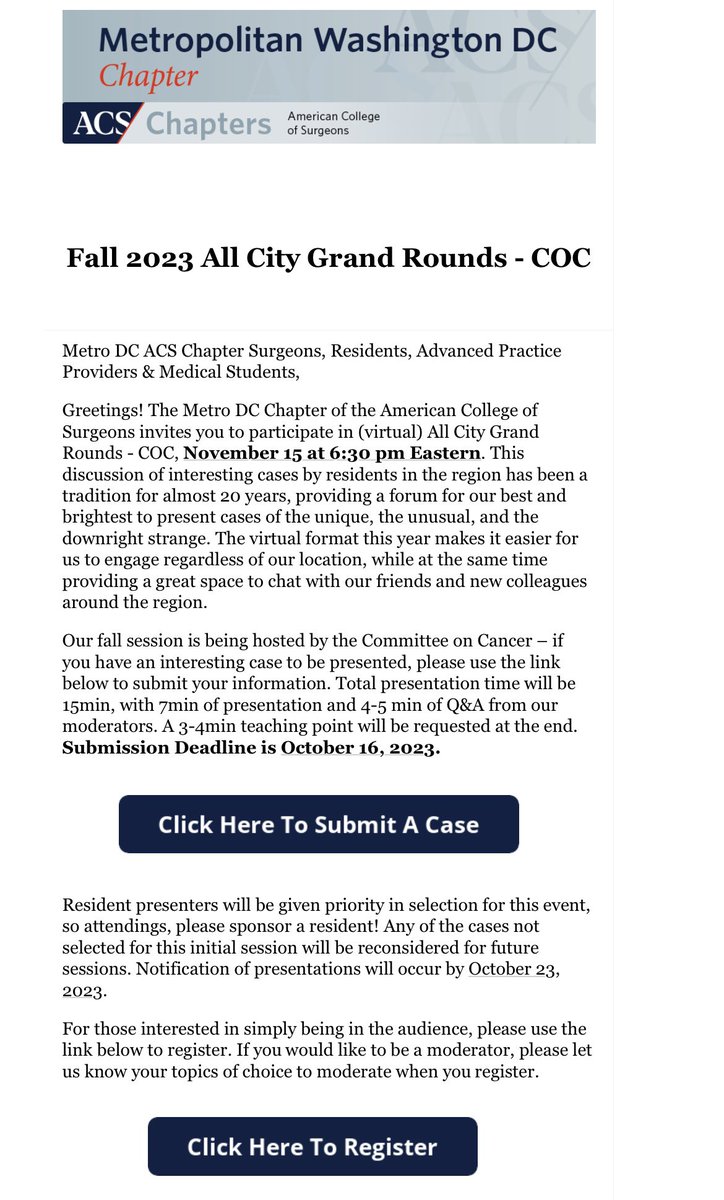 📣📣📣SUBMIT YOUR CASES!! Abstracts for DC ALL CITY GRAND ROUNDS are due in one week! Submit your interesting ONC/ENDO/HPB cases here: tinyurl.com/DCACSCOCGR @USUWR_GenSurg @GUH_WHCSurgRes @HowardUGenSurg @GWSurgery @SurgeryInova @hopkinssurgery