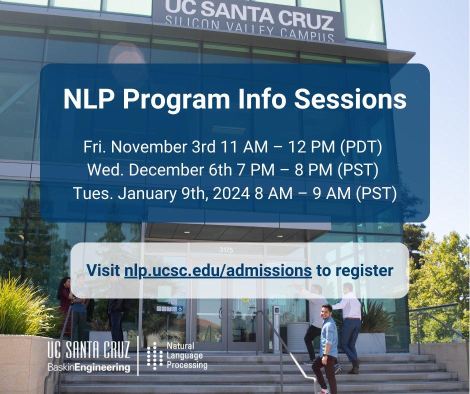 UCSC_NLP_MS's tweet image. Interested in learning more about the NLP MS Program at UCSC? Sign up for one of our upcoming NLP Program Info Sessions!

Visit nlp.ucsc.edu/admissions to register

#baskinengineering #ucsantacruz