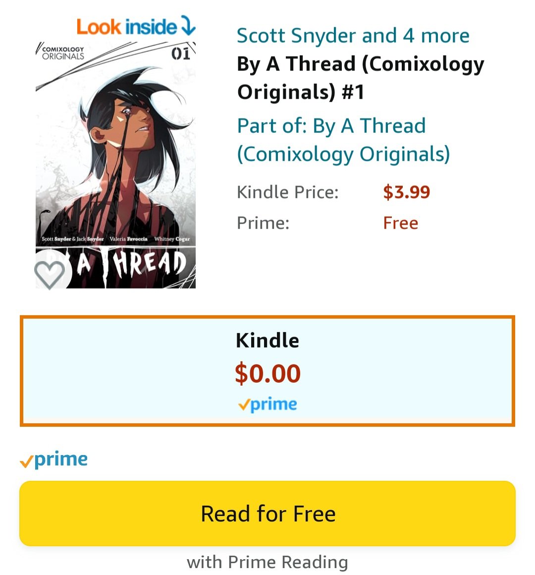 Anyone with a Prime subscription can read BY A THREAD #1 for free! a.co/d/hTx9gHy Jack, @ValeriaFavoccia, and I are thrilled that this is finally out in the world. Let us know what you think!!