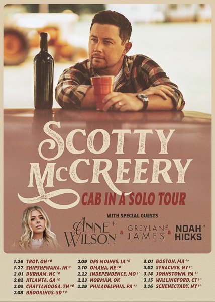 Scotty McCreery Announces 'Cab in a Solo Tour' for 2024: https://backstageaxxess.com/2023/10/scotty-mccreery-announces-cab-in-a-solo-tour-for-2024/