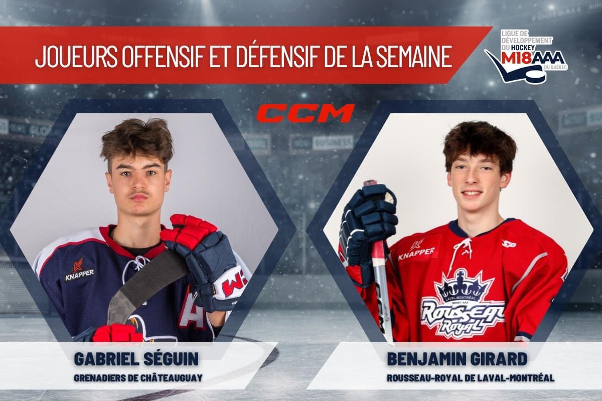 JOUEURS <a href="/CCMHockey/">CCM Hockey</a> DE LA SEMAINE 🔥 | Gabriel Séguin (Grenadiers de Châteauguay) et Benjamin Girard (<a href="/Rousseau_Royal/">Rousseau Royal de Laval-Montréal</a>) sont les joueurs par excellence de la cinquième semaine d'activités dans le circuit Lévesque.

Félicitations à nos gagnants ! 👏

🔗: tinyurl.com/ycxb2tz9