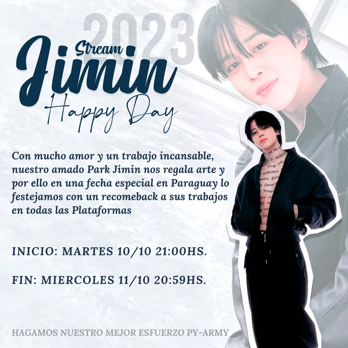 🇵🇾 Re-comeback Jimin Paraguay

Py-Army únete a nosotros con tu stream  por el cumpleaños de #JIMIN , apoyemos todos sus trabajos e impulsemos LIKE CRAZY a la Cima
 
Comenzamos HOY a las 21:00 PM con el reinicio de Spotify 🕖

Hagamos nuestro mejor esfuerzo!!

#HappyJiminDay