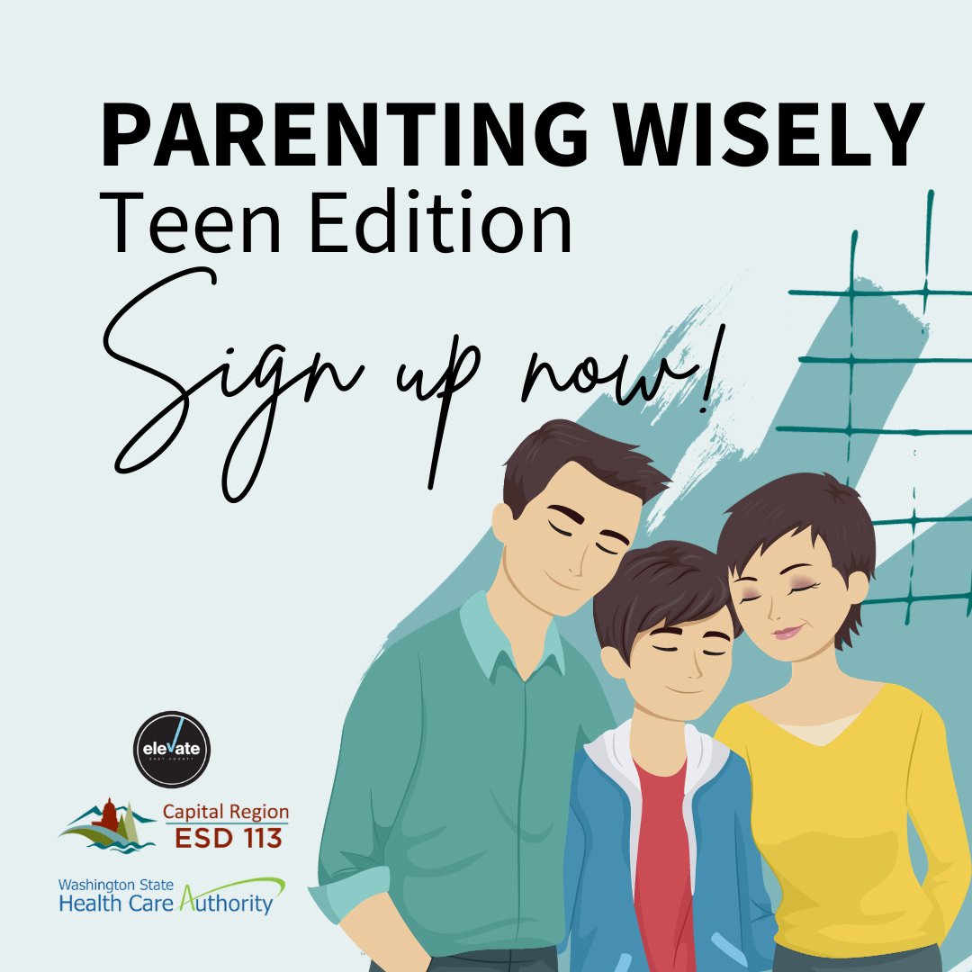 Attention parents of children 11+ years who live in east Grays Harbor County! ESD 113 is bringing you Parenting Wisely, TEEN Edition, completely FREE! Sign up for this online parenting course at bit.ly/3F2LMIw

#WeAreESD113 #Parenting