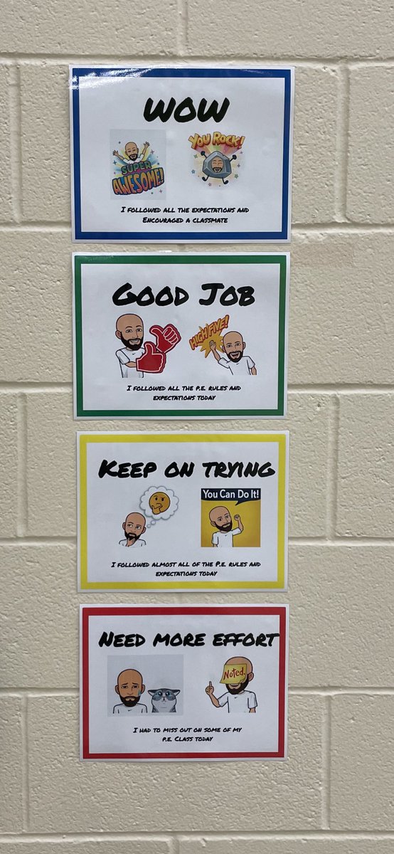 I started using a daily student self assessment in P.E. It has been a great way for me to see students’ self reflection on their own performance. At the end of class, students line up at the door and touch "Wow", "Good Job", "Keep on Trying" or "Need More Effort" as they leave.