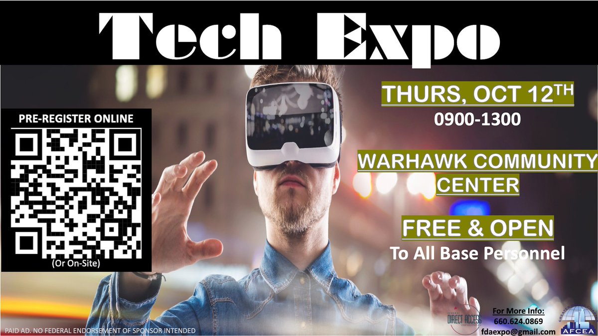 Offutt Tech Expo @ Warhawk Community Center Oct. 12 from 9:00 a.m. - 1:00 p.m. Free & Open To All Military, Federal, Contractor Personnel & Those Interested in Technology Pre-registration online or on site Pre-register online at fdaexpo.com/register.php?i…