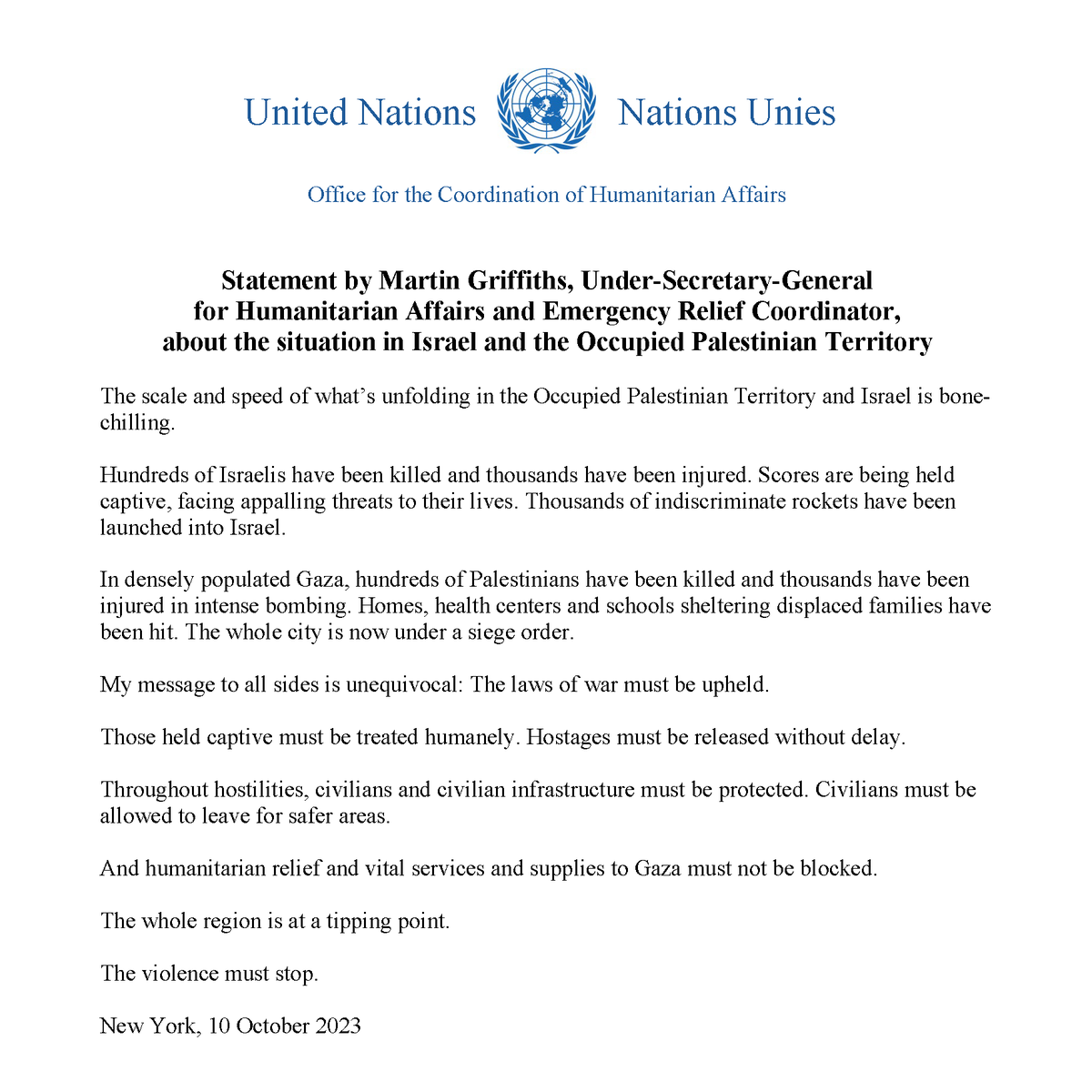 The scale and speed of what’s unfolding in the Occupied Palestinian Territory and Israel is bone-chilling.

The whole region is at a tipping point. 
The violence must stop.

My statement: