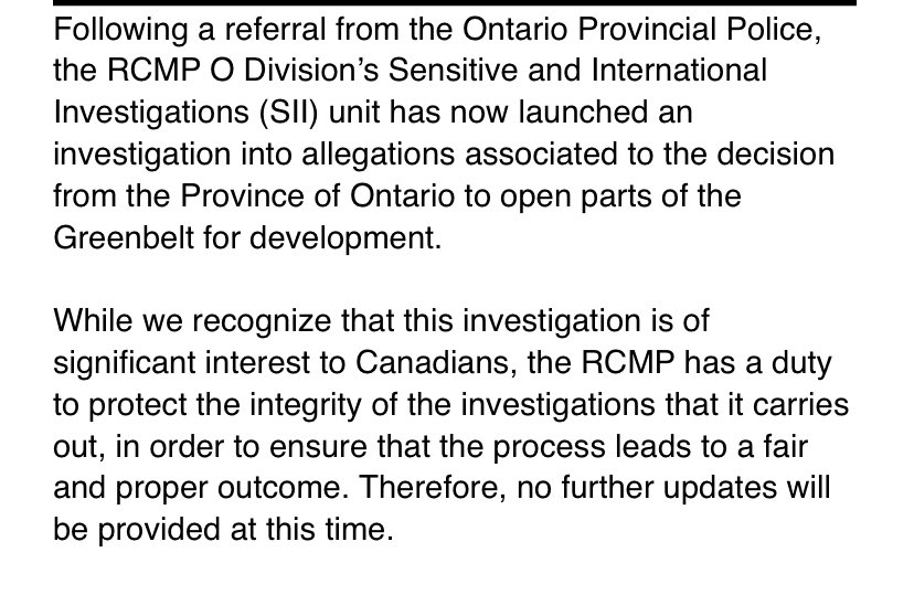 BREAKING: The RCMP has officially launched an investigation into the Ford government's decision to open the Greenbelt for housing construction. This is, date, the most significant development in the entire affair. #onpoli