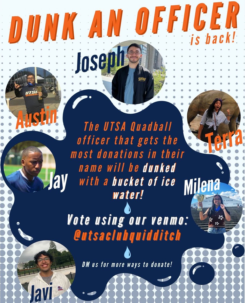 💧Dunk An Officer is back!💧

Vote for the officer you want to see dunked with ice water by donating to our venmo! 

We will be updating at the beginning of every week with who is in the lead. Dunking will take place on November 16th after practice! Link to donate is in our bio!