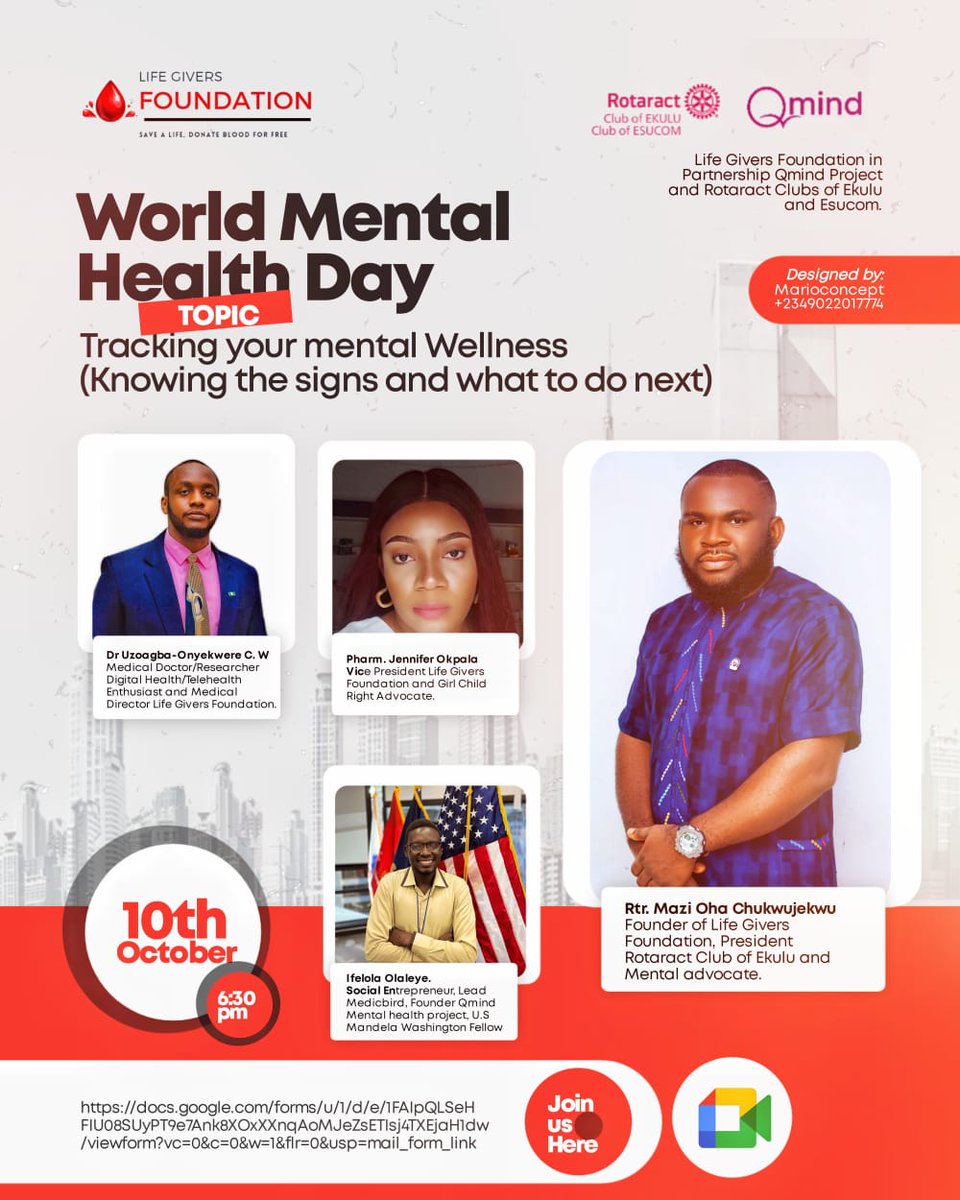 LifeGiversFound's tweet photo. WORLD MENTAL HEALTH DAY: MENTAL HEALTH IS A UNIVERSAL HUMAN RIGHT
Tuesday, October 10 · 6:30 – 7:30pm
Time zone: Africa/Lagos
Google Meet joining info
Video call link: https://t.co/FRqFXHoPDA
@elsamariedsilva @Agbochidera1 @MaziOhaJekwu @UtaziJay @RotaracofEkulu @MaziEnugu https://t.co/FQeXVAc9KR