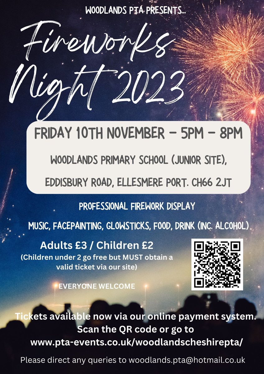Woodlands PTA are excited to be holding a FIREWORKS NIGHT on Friday 10th November. Gates open at 5pm and fireworks will start at 7pm.

Join us for great food, drinks, facepainting, music, glowsticks and lots of FUN!

Tickets available online via pta-events.co.uk/woodlandschesh…