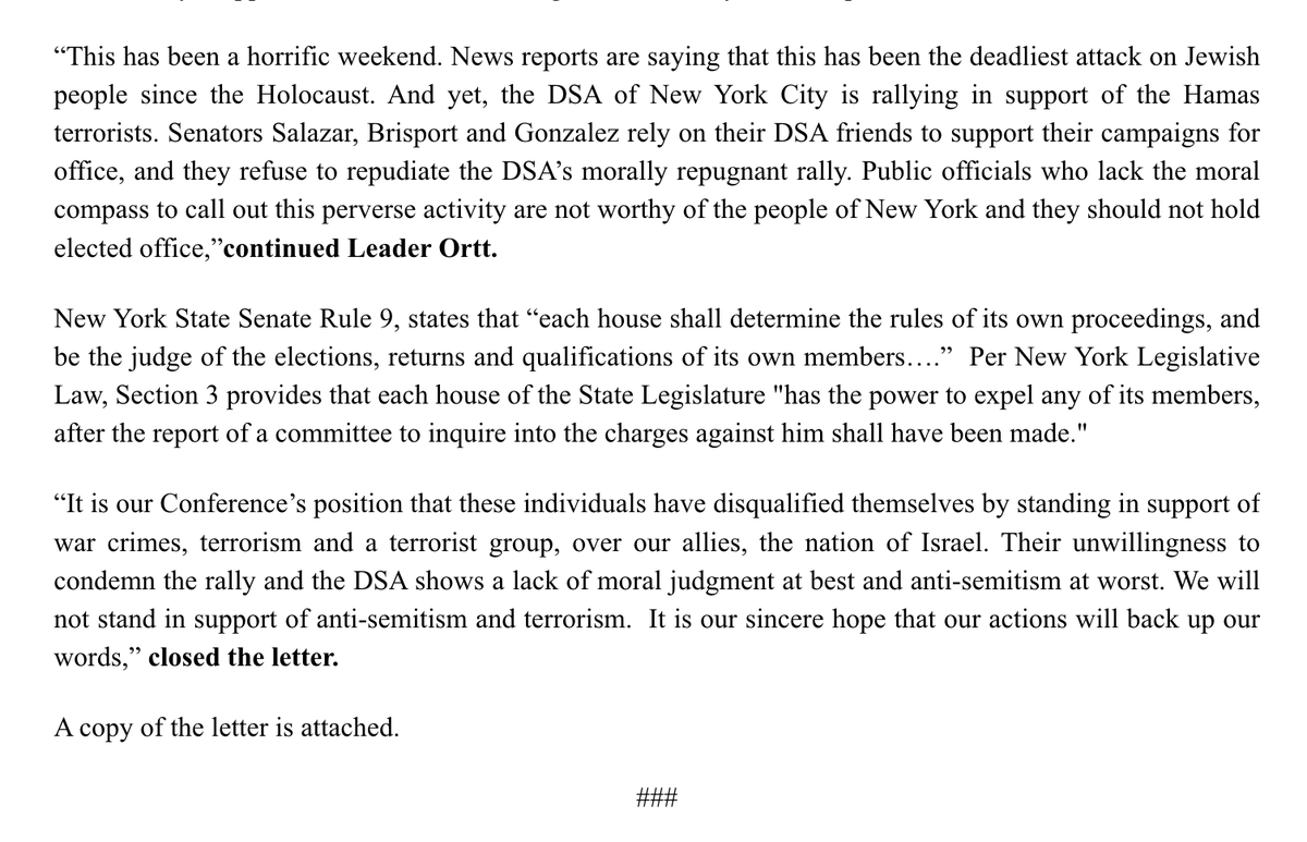 📰🧵STATEMENT: The @nysenategop Conference is Calling on Senate Leadership to Strip Democrat Socialists @JabariBrisport, @SenGonzalezNY, and @SalazarSenate of their Committee Assignments and Leadership Roles⬇️ 1/3