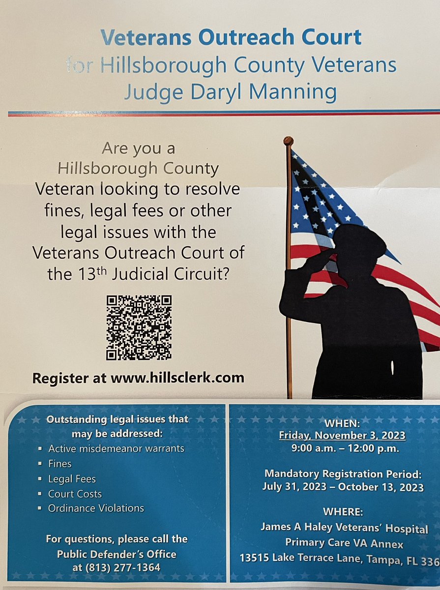 As heard this morning on the @MrMikeCalta Morning Show, below is the flyer for the Veterans Outreach Court. If you are a veteran in @13thCourtFL @hillsclerk in Hillsborough County that needs assisted in these areas, please register before Friday. ￼￼The Dom @1025TheBone