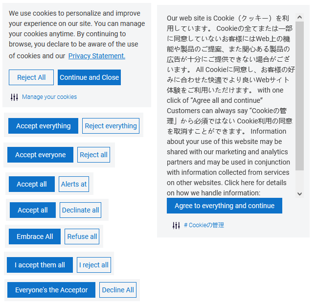 Apparently the English Dell website uses your IP location to decide the cookie banner language and then machine translates it to English.
The variations for the buttons "Accept All" and "Reject All" are amazing.
