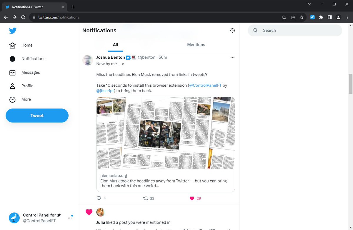 ControlPanelFT's tweet photo. Control Panel for Twitter v3.20.1 fixes a bug we noticed when @jbenton popped a link in our Notifications and its heading wasn't restored

Available now for Chrome, other browsers when their respective stores approve the new version

Release notes: https://t.co/CYtr63odAU https://t.co/wI5aKbSaeO