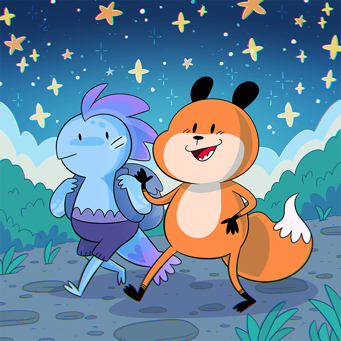 Wanted to draw 's character and mine walking together since we're on the right track  (They are probably bouncing with each step, fow show)