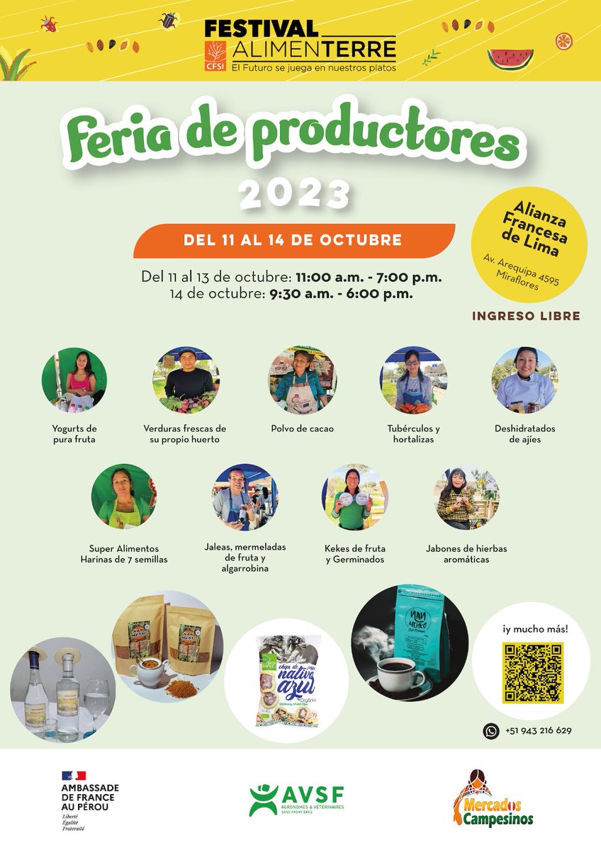 AFLima_Oficial's tweet photo. DESDE MAÑANA📢
¡Visita la 1° Feria de Productores en la #AFLima! 👨🏼‍🌾

Un espacio que reúne a pequeños agricultores familiares de diferentes regiones de nuestro país 🇵🇪.
Encontrarás una amplia variedad de productos, activaciones y degustaciones 🥬🧅🍓🌶️.

¡INGRESO LIBRE! https://t.co/SnF9wXYwFK