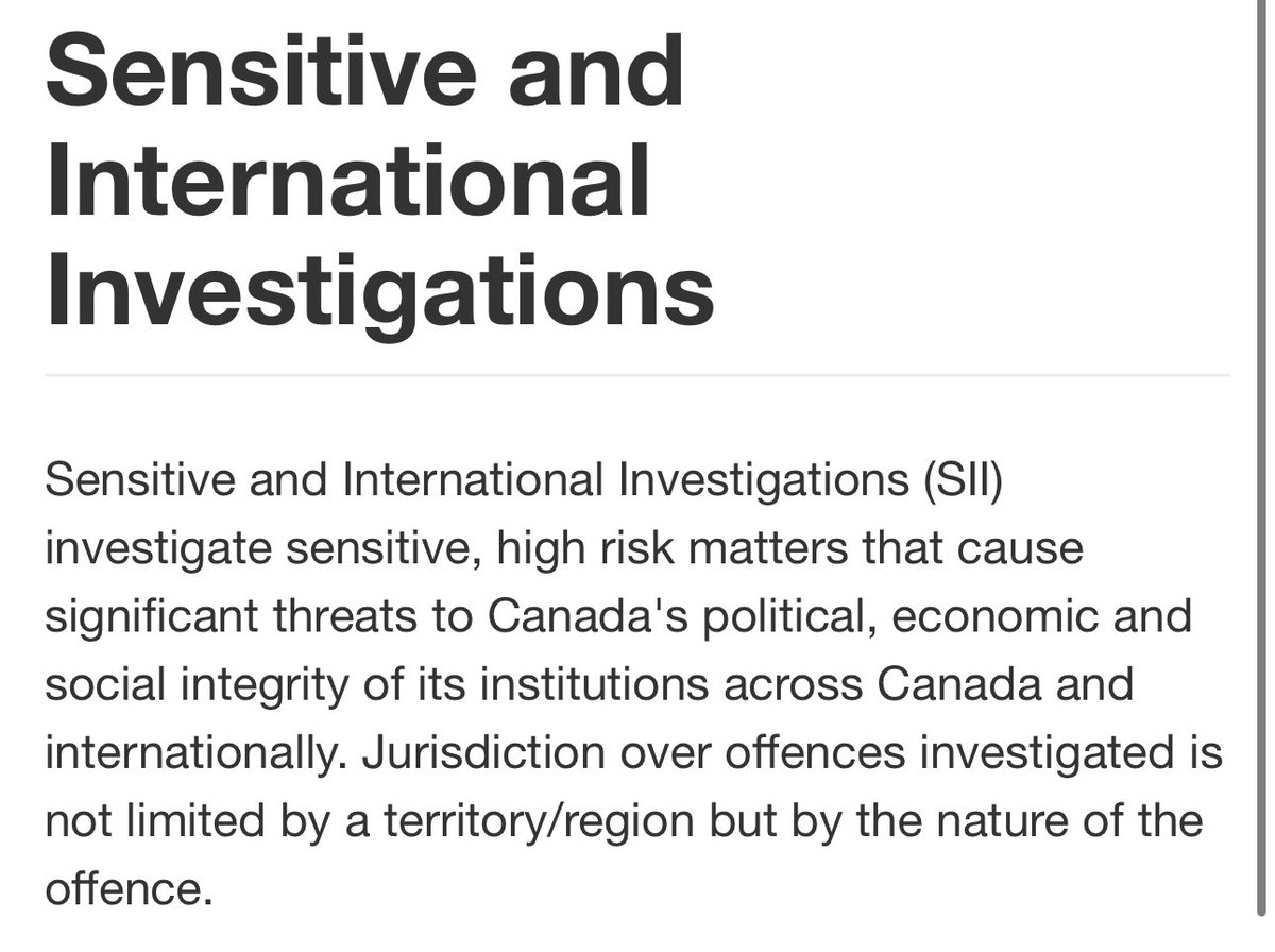 ColinDMello's tweet photo. Here is a look at what the RCMP‘s sensitive and international investigations team does:

They investigate allegations of financial crimes, fraud, corruption, breach of trust and illegal lobbying. 

This is the unit that is now investigating the Ford government. 

#Onpoli https://t.co/KuWfUNdaII