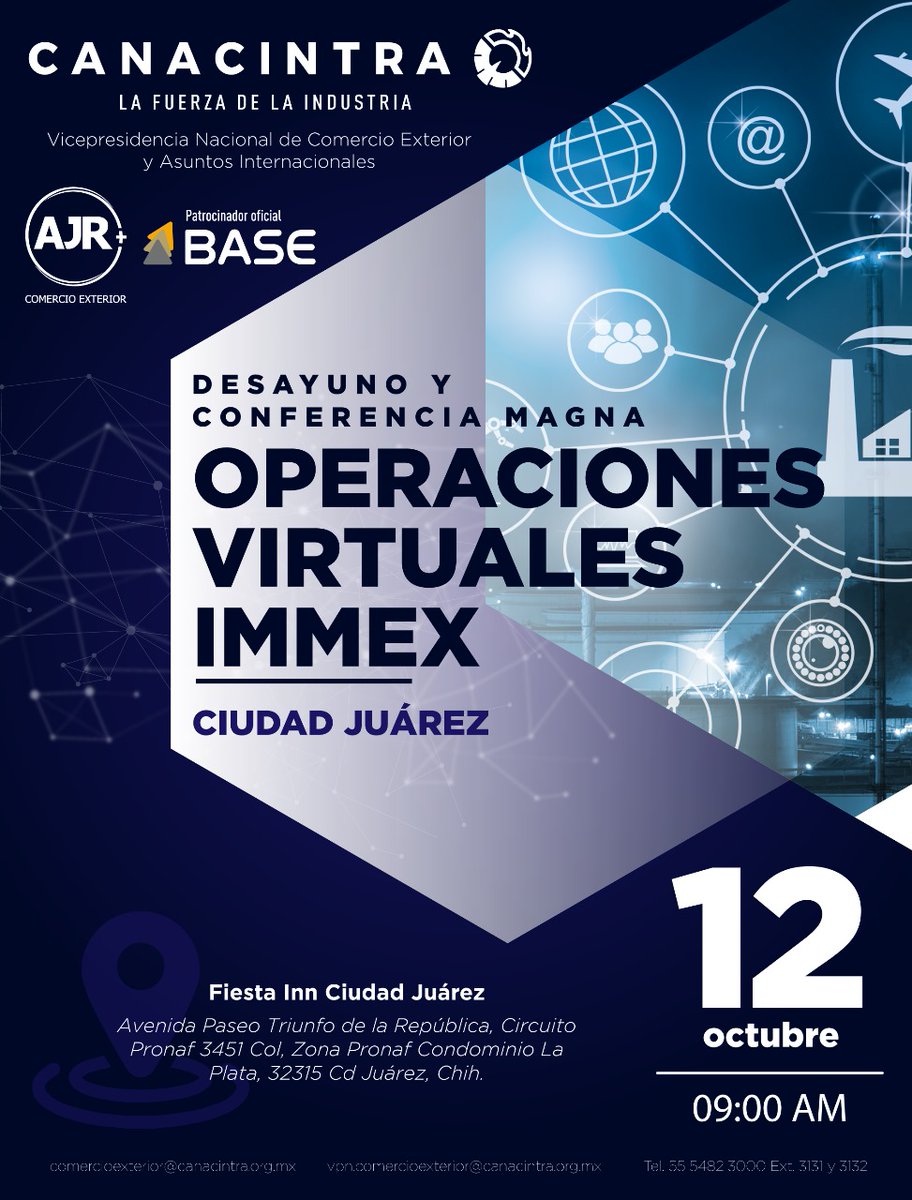JulioComercioE's tweet photo. La Vicepresidencia Nacional de Comercio Exterior y Asuntos Internacionales te invita a participar en el desayuno y conferencia magna: “Operaciones Virtuales IMMEX” 

✅ Evento GRATUITO
📍 Fiesta Inn, Ciudad Juárez.
📆 12 de Octubre, 09:00 AM.
➡ https://t.co/wNAz5RygXK ⬅ https://t.co/CR4AfzovOv