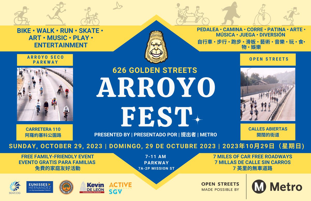 ActiveSGV's tweet photo. Join us at 626 Golden Streets: #ArroyoFest presented by @MetroLosAngeles on Sunday, October 29th!

Walk, ride, and play on the Arroyo Seco Parkway from 7 AM - 11 AM! 🚴‍♀️🚶‍♂️

👉 MORE INFO:  https://t.co/KJM4S6LzRQ https://t.co/XTqM72s0Hq