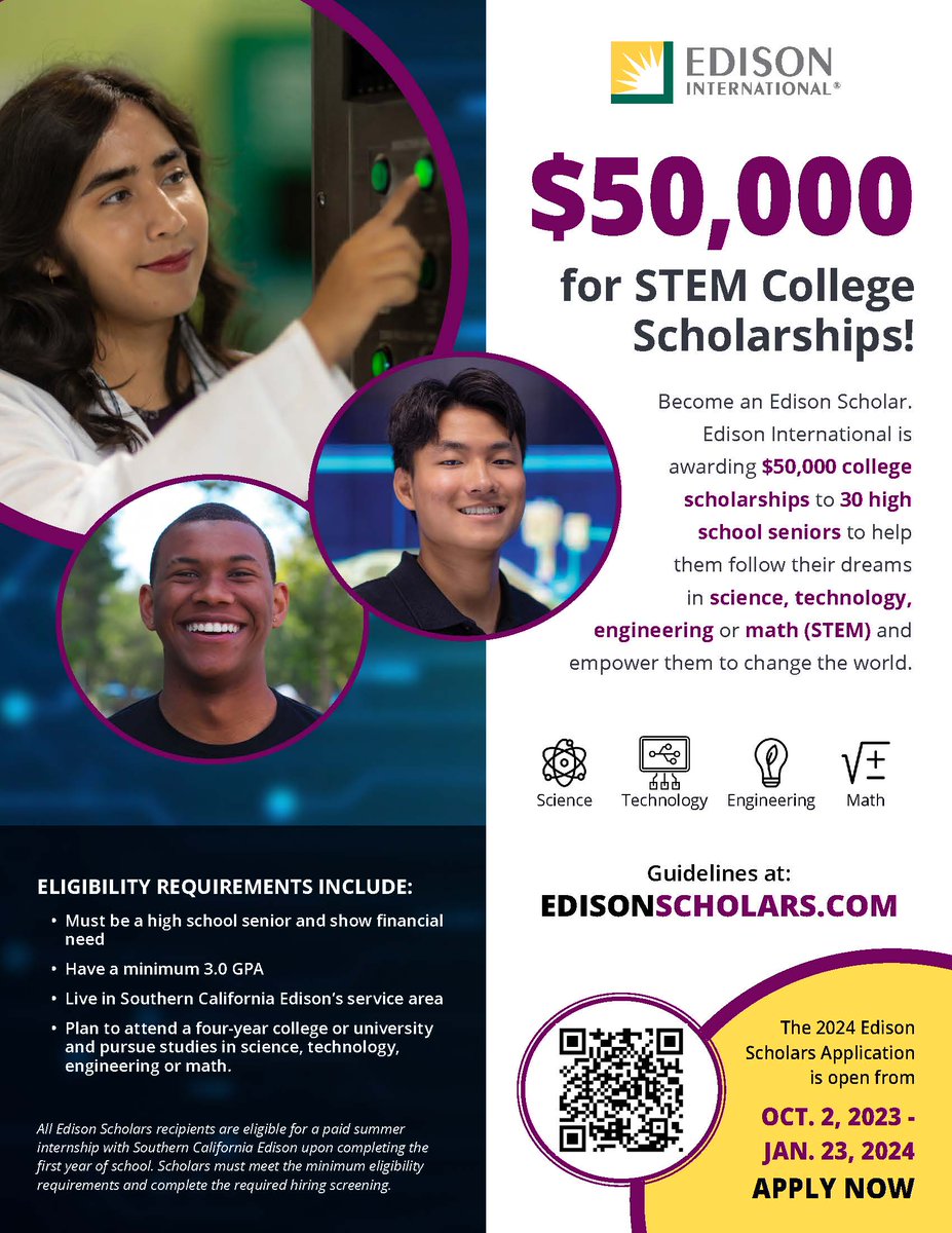 The Edison Scholars Program application is open now until Jan 23! <a href="/edisonintl/">Edison International</a> will be giving 30 lucky HS seniors a $50K scholarship to help them follow their dreams in STEM. Please share this application with the students in your community: edison.com/community/edis…