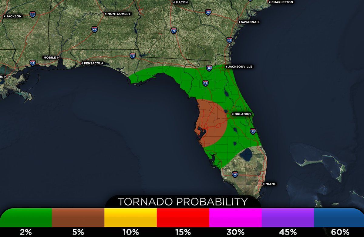 weatherforce11's tweet photo. The latest SPC outlook has added a slight risk (level 2/5) for portions of the Western Florida Peninsula for tomorrow night into Thursday morning. The main threats will be a few tornadoes and the threat of damaging winds over 60 mph. 

It would not be surprising to see the slight risk expanded further east tomorrow morning as conditions look rather favorable across most of Central Florida. 

Have multiple ways to receive weather warnings tomorrow night, as these storms could quickly spin up, resulting in a less then average lead time.

#flwx