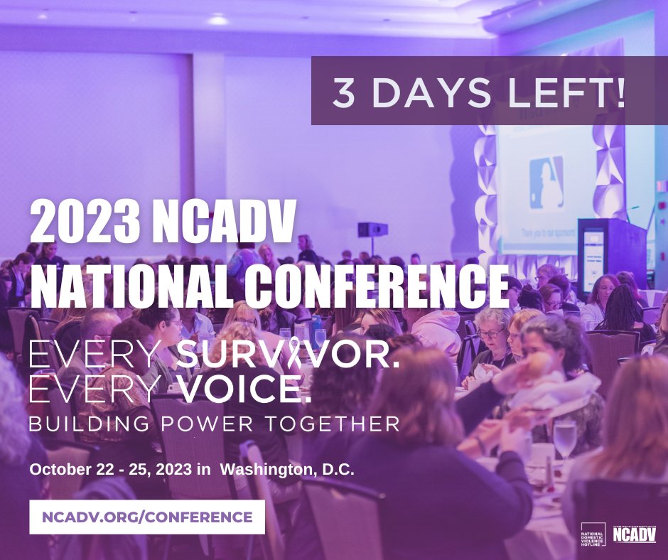 sj_action's tweet photo. 🗣️ 3 Days Left! Registration ends 10/13! Don’t miss your chance to attend the 2023 NCADV Conference & uplift domestic violence survivors!
✍️ Register today: https://t.co/RHGqHKXGgR
#DVAM2023 #EverySurvivorEveryVoice #2023ConferenceonDV #BuildingPowerTogether #Unity https://t.co/dkWHj1MO15