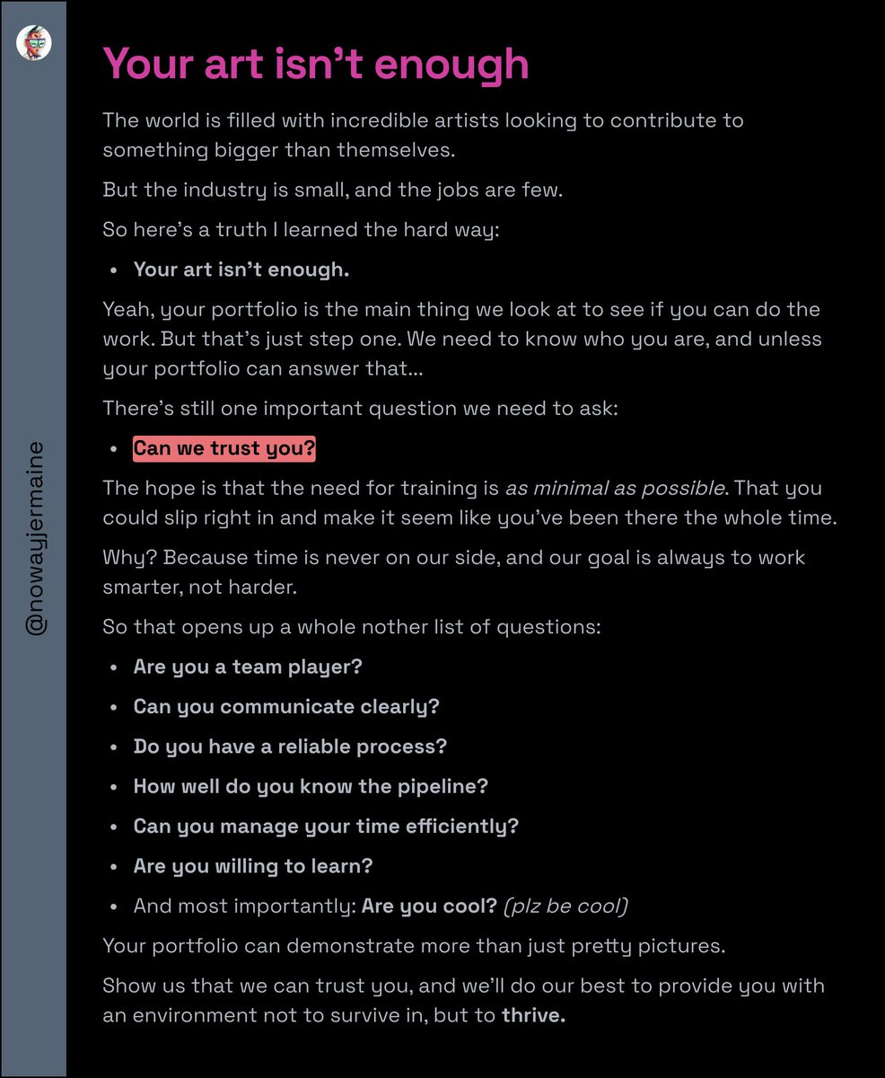 Hey #PortfolioDay, here's a lesson I learned the hard way:

😵‍💫 Your art isn't enough

Sorry, but it's true. There's a lot at stake when you're working on a film/tv/game project. Most design teams already have people in mind that they've worked with before, so what hope do new