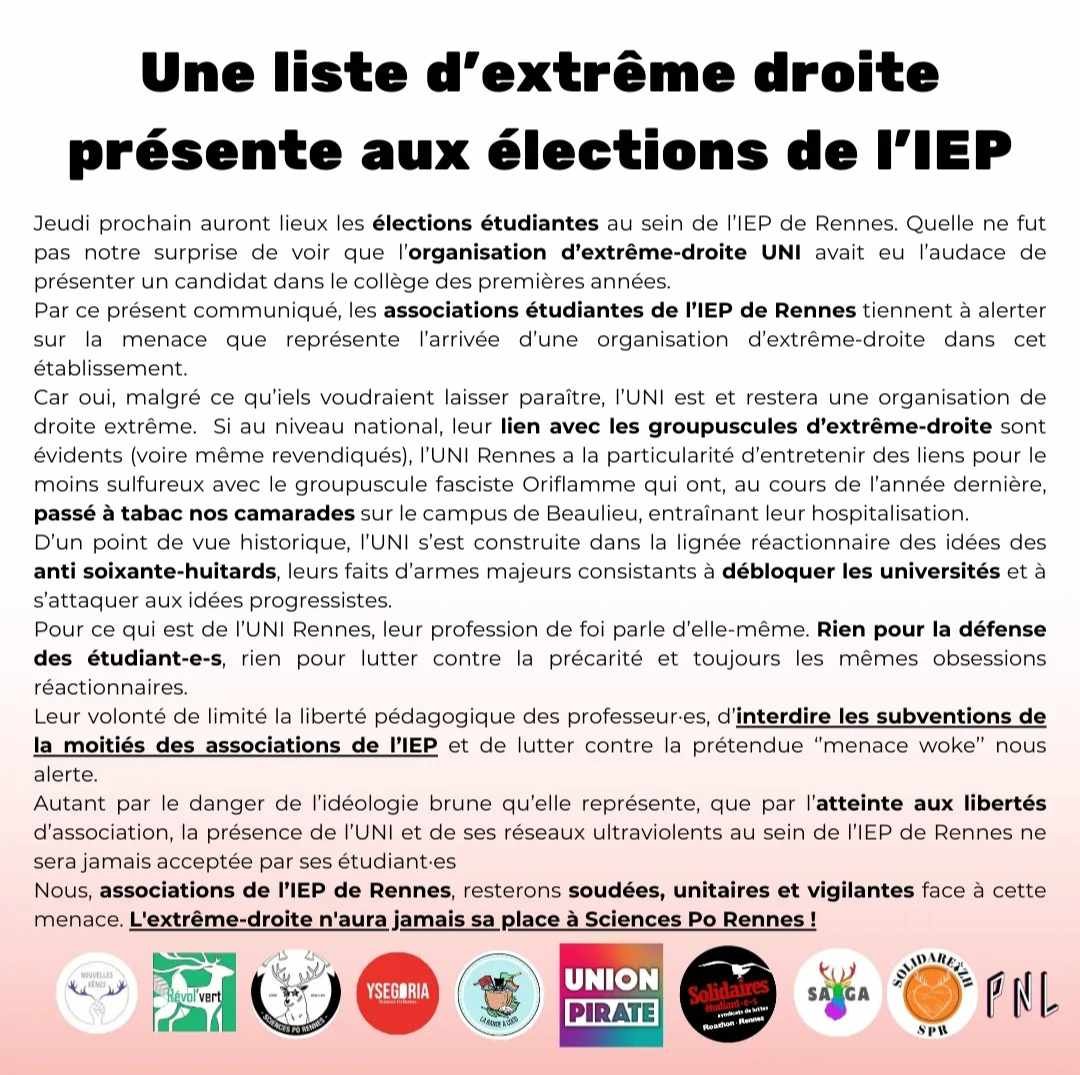 SESLRENNES's tweet photo. 🔴 À Sciences Po  comme ailleurs, l’extrême-droite n’a pas sa place ! 🔴

👊Les associations et les syndicats de l’IEP s’allient pour rappeler que l’extrême-droite est et sera toujours un danger, et que nous lutterons sans relâche pour l’empêcher d’entrer dans nos lieux d’étude ! https://t.co/juaE1tduJF