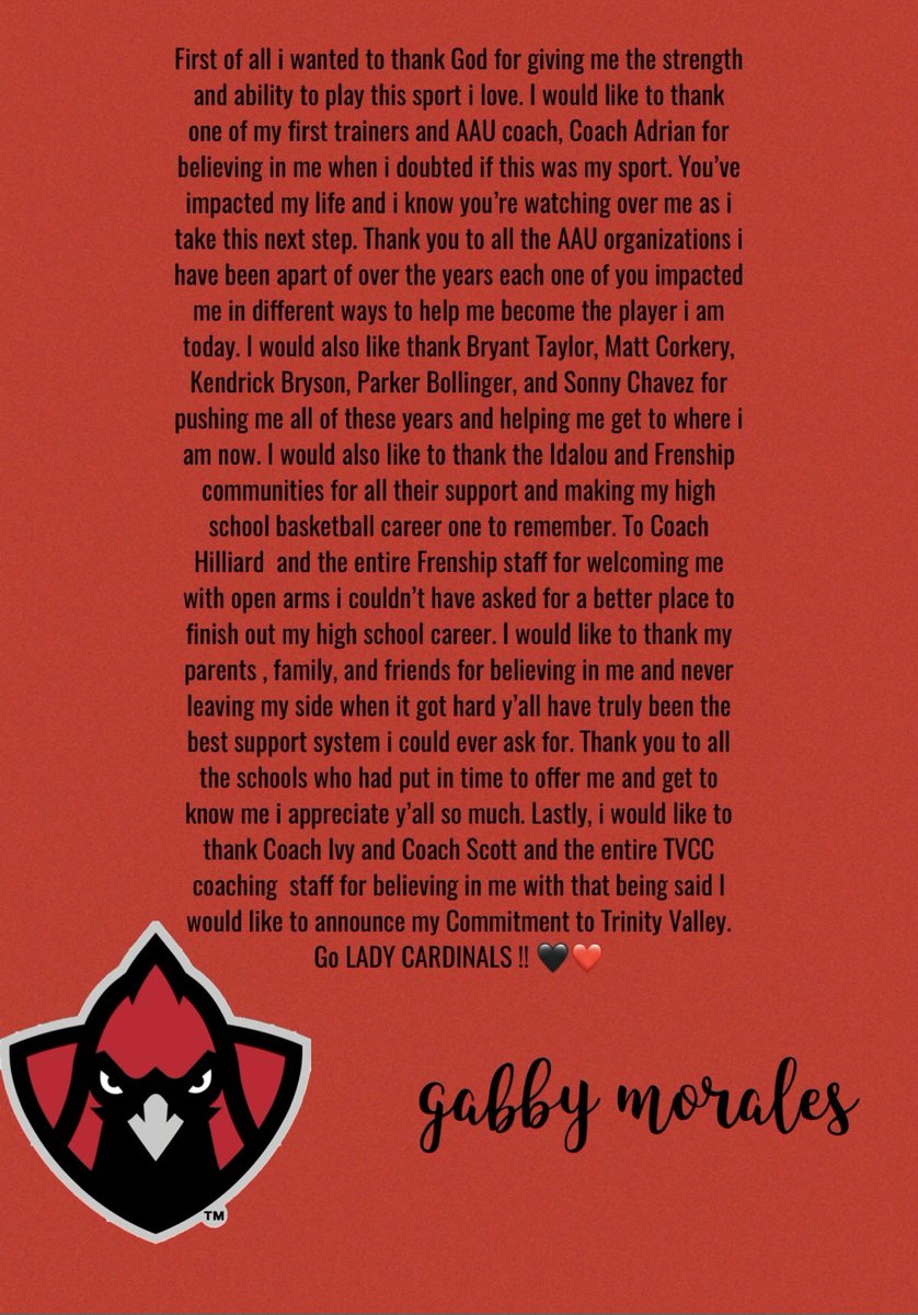 Gabby Morales (@gabby_morales33) on Twitter photo 110% Committed! Go Lady Cardinals ❤️🖤<a href="/TVCCwbball/">Trinity Valley Women's Basketball</a> <a href="/FrenshipGBB/">Frenship Girls Bball</a> <a href="/FrenshipHS/">Frenship High School</a> <a href="/girlzprepreport/">Girlz Prep Report</a> <a href="/BRYANT_TAYLOR2/">COACH B</a> <a href="/TEXASTHELAB/">THE LAB</a> <a href="/HigherGoalsHoop/">Higher Goals (Official Member of Select 40)</a> <a href="/coachxnessa/">Coach Nessa Jones</a> <a href="/NJCAABasketball/">NJCAA Basketball</a> <a href="/CoachKBryson24/">Coach K. Bryson</a> <a href="/CoachTScott1/">Tarniesha Scott</a> <a href="/RandyRosetta/">Randy Rosetta</a> @LoneStarVarsity <a href="/Nick_TXHSGBB/">Nick Alvarado (blue checkmark)</a> <a href="/806hsscmedia/">Jasone Pearson</a> <a href="/askfungo/">Fungo Productions</a> 110% Committed! Go Lady Cardinals ❤️🖤<a href="/TVCCwbball/">Trinity Valley Women's Basketball</a> <a href="/FrenshipGBB/">Frenship Girls Bball</a> <a href="/FrenshipHS/">Frenship High School</a> <a href="/girlzprepreport/">Girlz Prep Report</a> <a href="/BRYANT_TAYLOR2/">COACH B</a> <a href="/TEXASTHELAB/">THE LAB</a> <a href="/HigherGoalsHoop/">Higher Goals (Official Member of Select 40)</a> <a href="/coachxnessa/">Coach Nessa Jones</a> <a href="/NJCAABasketball/">NJCAA Basketball</a> <a href="/CoachKBryson24/">Coach K. Bryson</a> <a href="/CoachTScott1/">Tarniesha Scott</a> <a href="/RandyRosetta/">Randy Rosetta</a> @LoneStarVarsity <a href="/Nick_TXHSGBB/">Nick Alvarado (blue checkmark)</a> <a href="/806hsscmedia/">Jasone Pearson</a> <a href="/askfungo/">Fungo Productions</a>