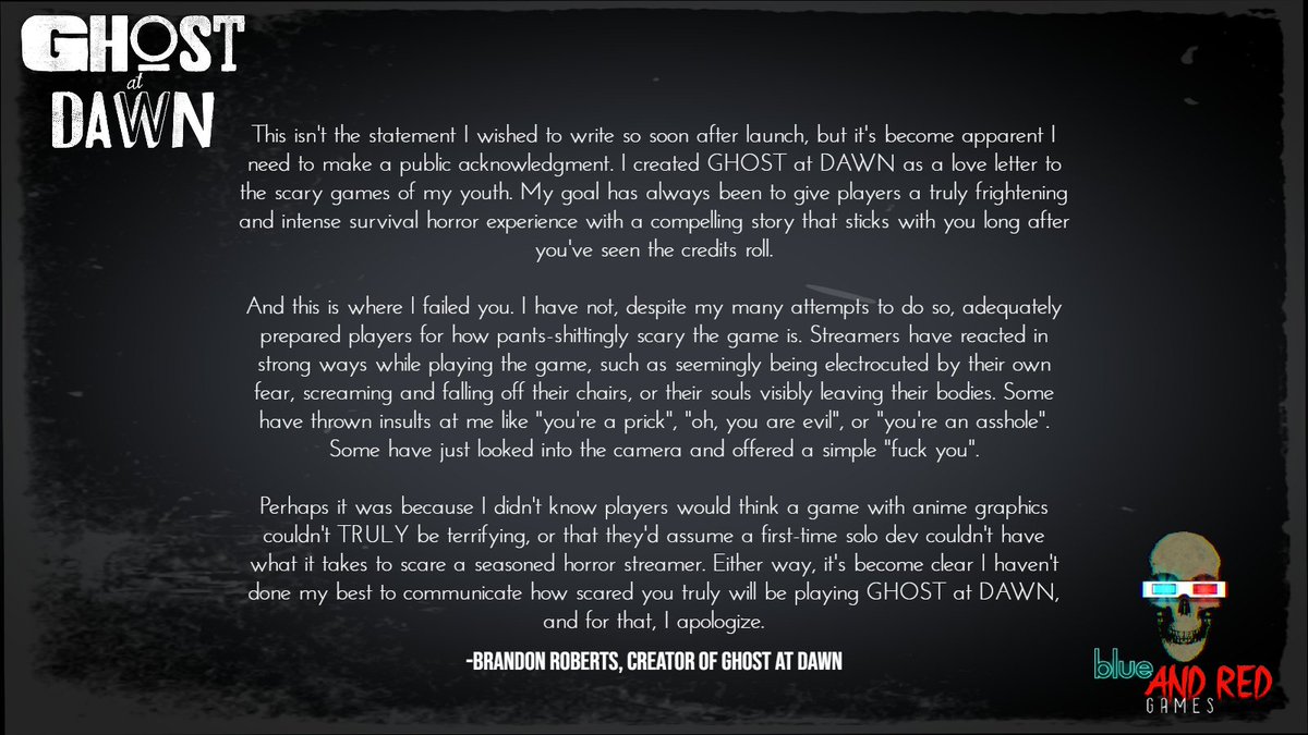 A statement of apology from the creator of GHOST at Dawn: