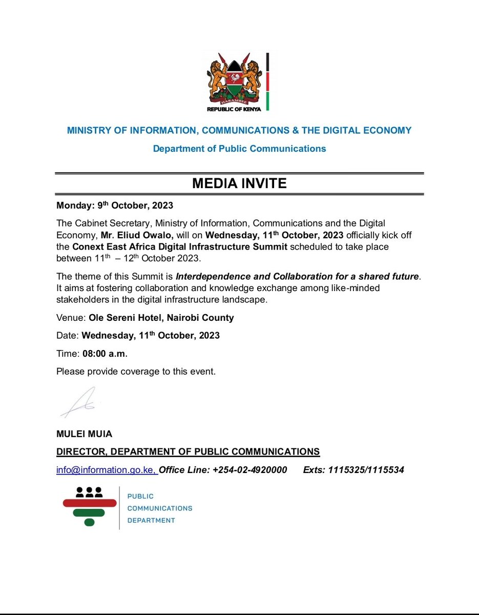 The Cabinet Secretary, Ministry of Information, Communications and the Digital Economy, Mr. Eliud Owalo, will on Wednesday, 11th October, 2023 officially kick off the Conext East Africa Digital Infrastructure Summit scheduled to take place between 11th - 12th October 2023.