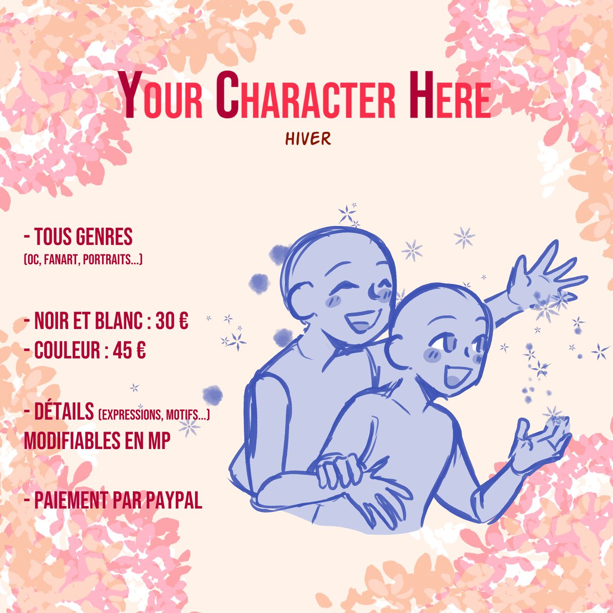 🍁❤️ YCH Automne/Hiver ❤️❄️

J'ouvre 4 slots de YCH ! J'ai mis les infos qui me semblent essentielles sur les visuels, si vous êtes intéressé.e et/ou avez des questions n'hésitez pas à me le dire sous ce post !