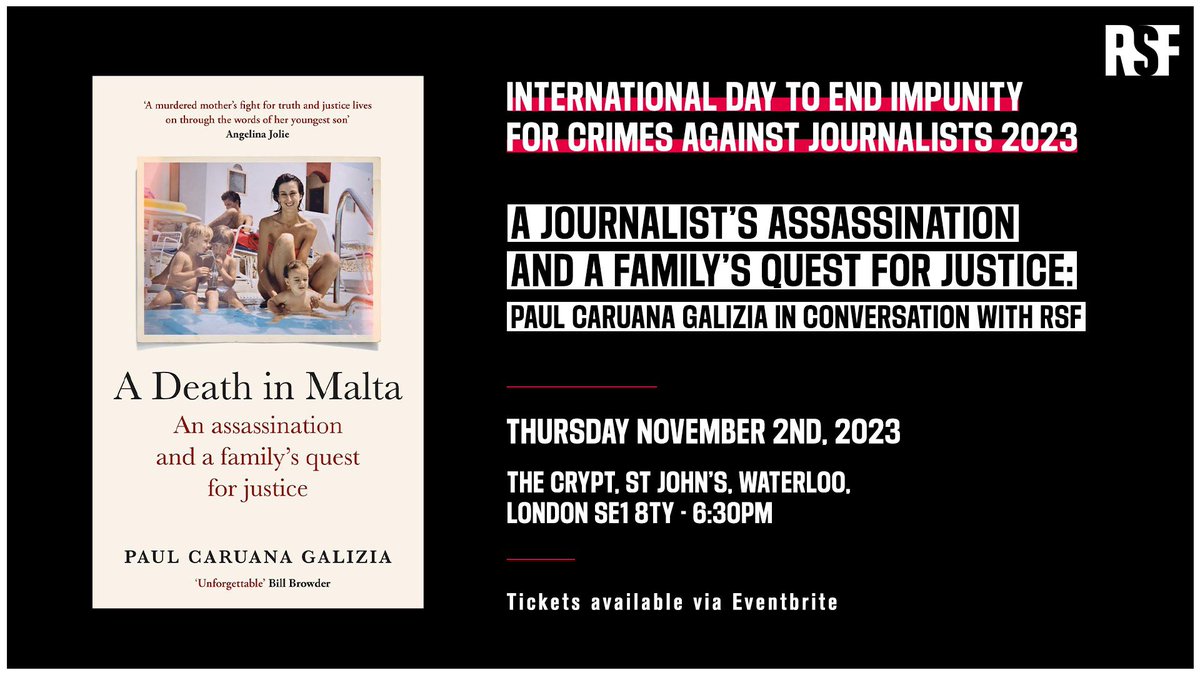 Rebecca Vincent (@rebecca_vincent) on Twitter photo Really looking forward to this chance to interview <a href="/pcaruanagalizia/">Paul Caruana Galizia</a> about his wonderful book and look back at six years of campaigning together for justice for #DaphneCaruanaGalizia.
Book your ticket to join us in London on 2 November 👉 eventbrite.co.uk/e/a-journalist… Really looking forward to this chance to interview <a href="/pcaruanagalizia/">Paul Caruana Galizia</a> about his wonderful book and look back at six years of campaigning together for justice for #DaphneCaruanaGalizia.
Book your ticket to join us in London on 2 November 👉 eventbrite.co.uk/e/a-journalist…